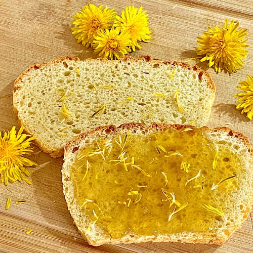 Löwenzahnblüten Gelee auf selbst gebackenes Toastbrot
